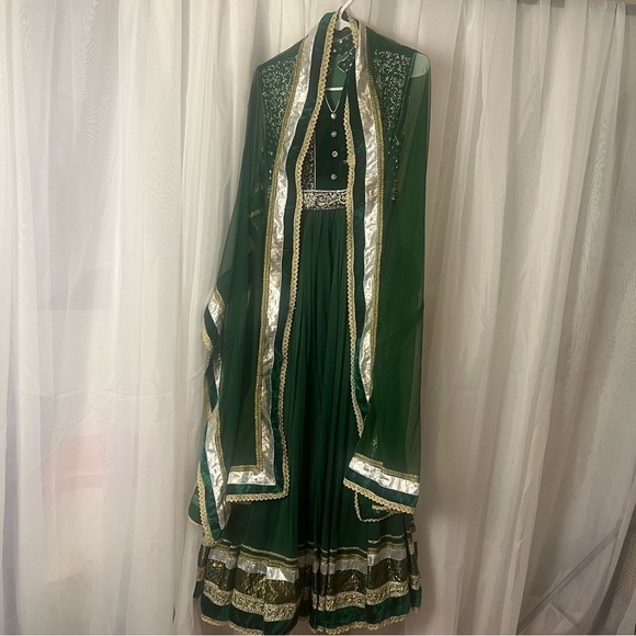 Indian Pakistani Bollywood Anarkali emerald green long dress w/scarf size 6 - Picture 1 of 11